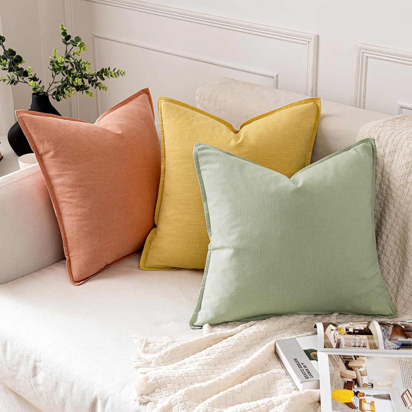 MIULEE Decorative Linen Pillow Covers 20x20 Inch Yellow Boho Farmhouse Neutral Couch Throw Pillows for Bed Pack of 2 Accent Modern Pillowcase Summer Sofa Livingroom Home Decor