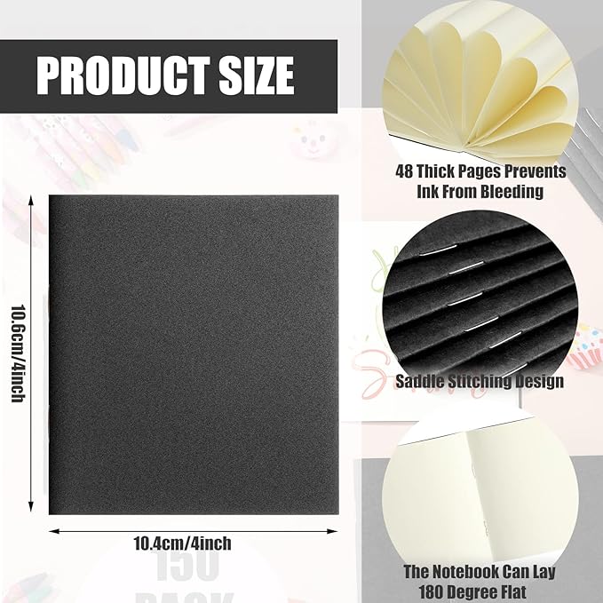 Thenshop 150 Pack Mini Notebooks Bulk Small Notepad Unlined Journals Pocket Blank Sketchbooks Kids Students Gifts Back to School Supplies 4 x 4 Inch 24 Sheets(Black)