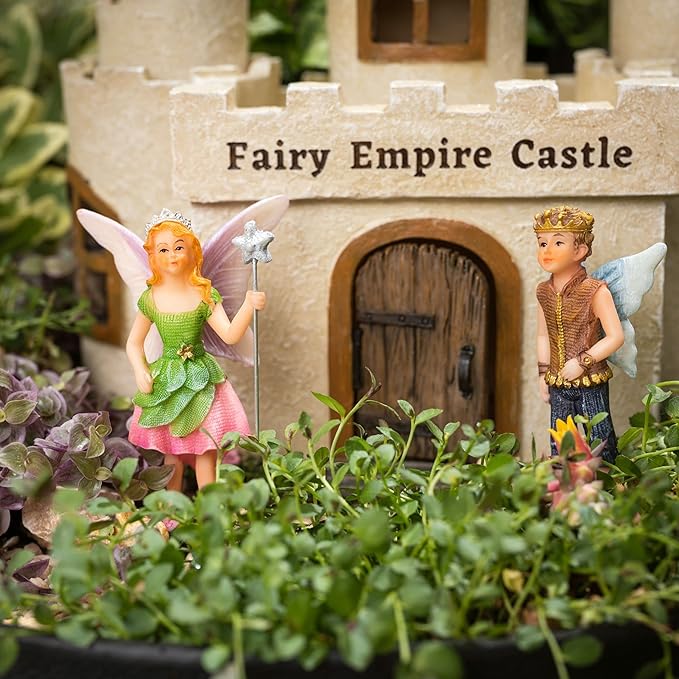 PRETMANNS Fairy House Kit - Fairy Garden Accessories for Outdoor Miniature Village Decor, with Castle, Prince and Princess Fairies & Sign - House, 9’ High & Door can Open Wide - 4 Piece Supplies