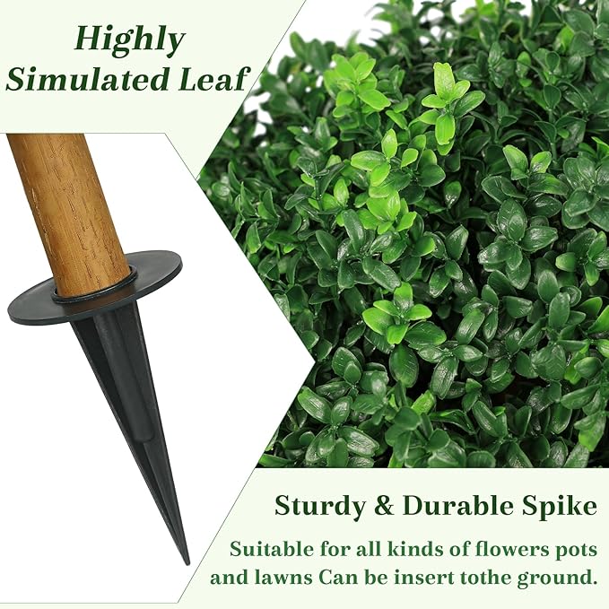 6 Pack Fake Plants with Spike, 25.6'' UV Resistant Artificial Boxwood Topiary Ball Tree, Faux Greenery Shrubs Fake Shrubs for Outdoors Indoors Home Docer Front Door Proch Decor