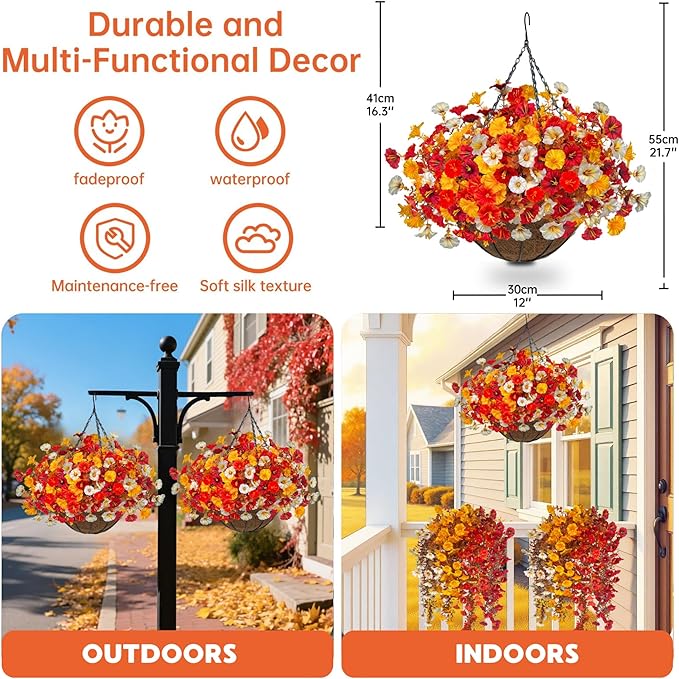 Artificial Fall Flowers with Hanging Baskets Outdoors, Faux mums for Outdoor planters, Fake Mums Petunia Artificial Hanging Plants UV Resistant for Autumn Porch Garden Home Yard Decor (Deep Autumn)