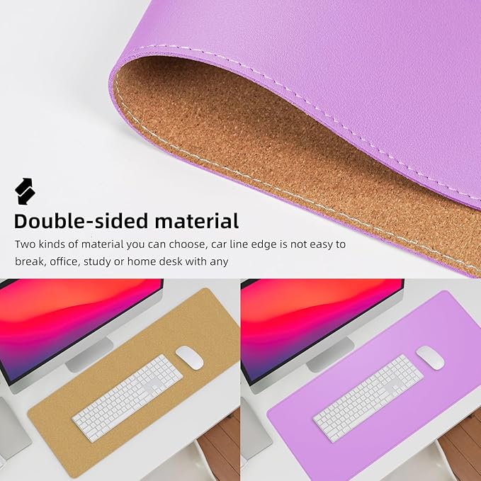 Leather Desk pad Protector, Large Desk mat with Natural Cork & PU Leather,Mouse pad,Non-Slip Office Desk Mat,Waterproof Desk Writing Pad for Office and Home (47in*17in, Purple)