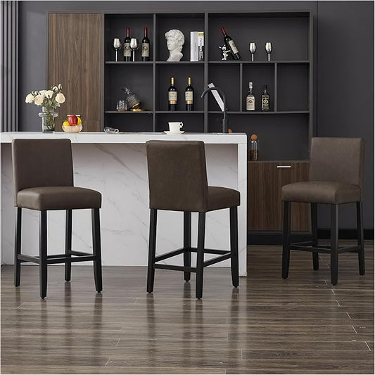 26'' Faux Leather Bar Stools Set of 3, Modern Upholstered Bar Height Bar Chairs, Soild Wood Legs Barstools with Back, Brown