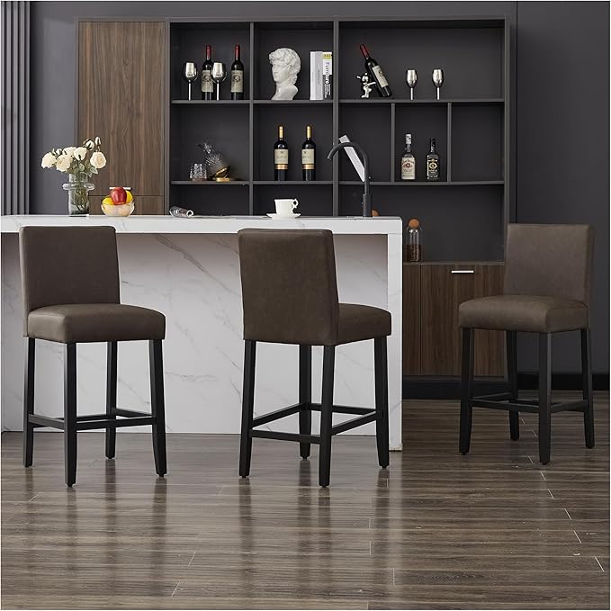 26'' Faux Leather Bar Stools Set of 4, Modern Upholstered Bar Height Bar Chairs, Soild Wood Legs Barstools with Back, Brown