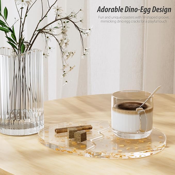 Acrylic Coaster Decorative Plates,Office Desk Accessories, Clear Dinosaur Egg Shape Coffee Cup Decor, Perfect for Tabletop Protection and Display.