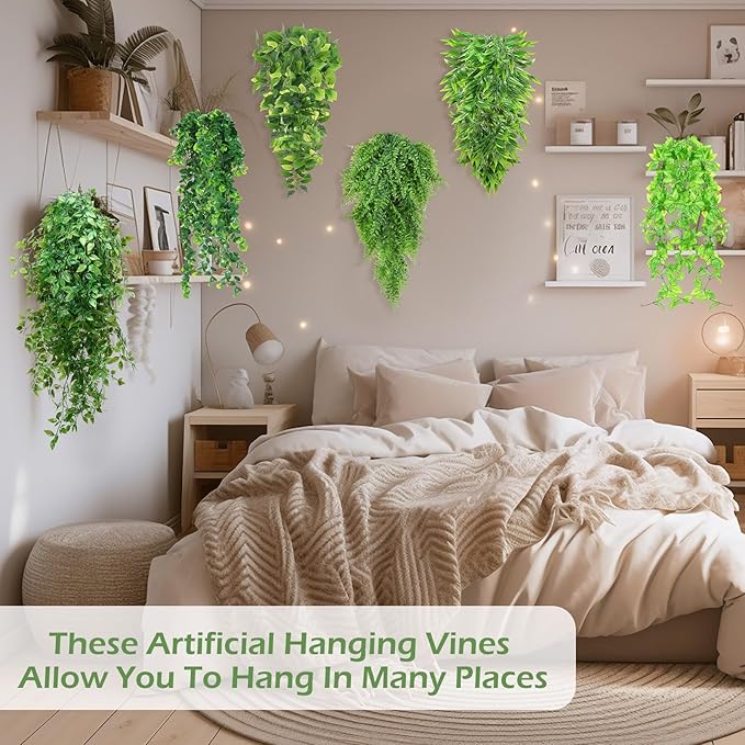 Hoteam 12 Pcs Artificial Hanging Plants 32 Inch Fake Ivy Vines with Fake Leaves Patio Artificial Plants Greenery for Living Room Indoor Outdoor Wall, No Basket (6 Style Mixed)