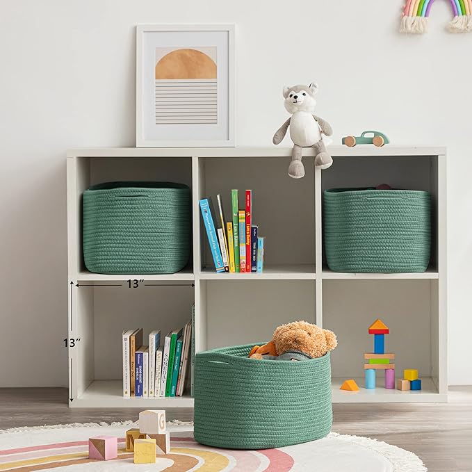 UBBCARE 3-Pack Woven Rope Shelf Baskets - 15x10x9in Decorative Storage Basket for Toys, Kids Playroom, Closet Organization & Cube Storage Organizer | Gift Basket Empty, Green