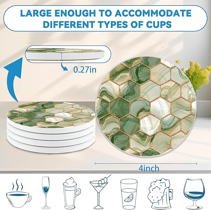Drinks Coasters Set of 4, Marble Pattern Round 4" Cup Coasters, Absorbent Ceramic Stone Coasters with Cork Base, Cute Coasters for Table Home Décor, Ideal Gifts for Women Men