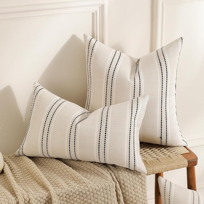 Hckot Throw Pillow Covers 22x22 Set of 2 Striped Pillow Covers Textured Linen Decorative Pillows Square Cushion Covers for Sofa Couch Bed Living Room Farmhouse Decor, Black