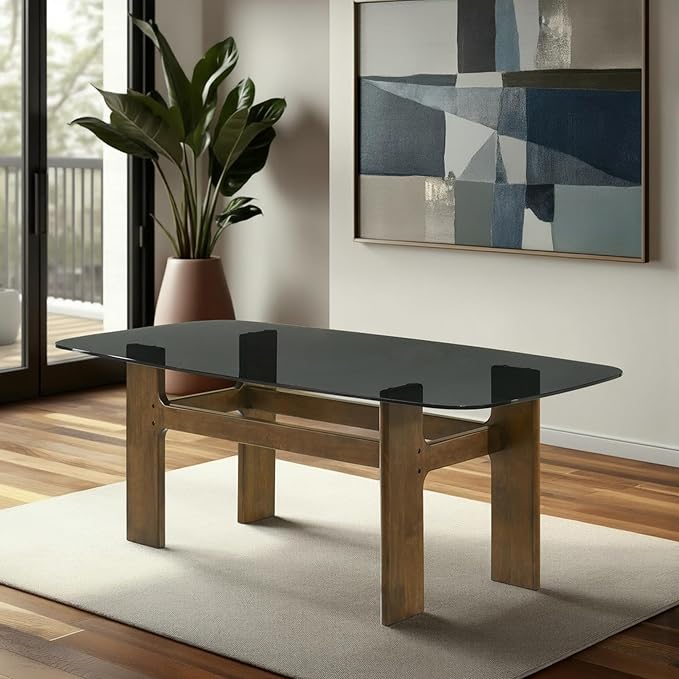 Armen living Ileena Mid-Century Modern 79 in. Rectangle Wood Dining Table in Walnut Finish with Tempered Glass Top