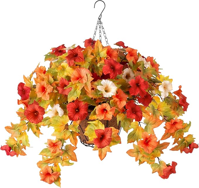 Artificial Fake Fall Flowers with Hanging Basket Plants for Outdoor Autumn Decoration,Silk Faux Flower UV Resistant Petunias for Home Porch Patio Garden Balcony Yard Decor Real Looking(Orange White)