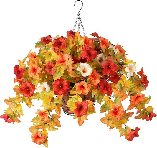 Artificial Fake Fall Flowers with Hanging Basket Plants for Outdoor Autumn Decoration,Silk Faux Flower UV Resistant Petunias for Home Porch Patio Garden Balcony Yard Decor Real Looking(Orange White)