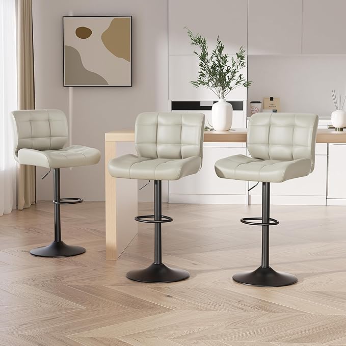 Modern Bar Stools Set of 3, Faux Leather Upholstered Swivel Bar Stools, Adjustable Counter Height Bar Chairs with High Back and Footrest for Kitchen Island (Khaki)