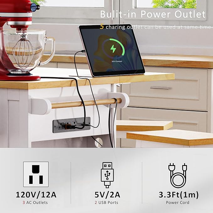 Merax 53" Upgraded Kitchen Cart Island with 2 Bar Stools on Wheels with Power Outlet,Drop Leaf,3 Drawers and 5 Open Side Racks,Wood Storage Cabinet