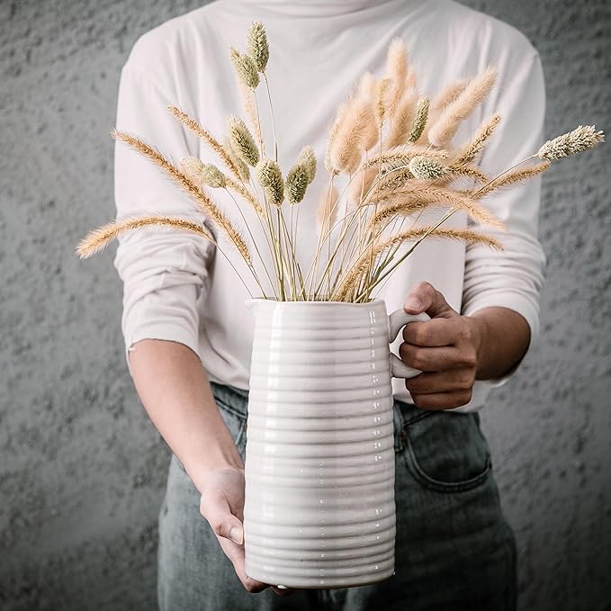White Ceramic Vase with Small Handle, Modern Farmhouse Pitcher, Milk Jug for Home Decor, Rustic Textured Pottery, Glazed Decorative Centerpiece