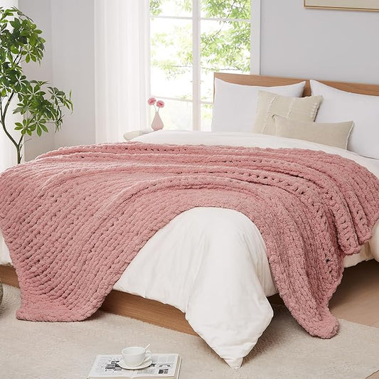 L'AGRATY Chunky Knit Blanket Throw - Soft Chunky Throw Blanket 60x80: 100% Hand Kintted Chenile Crochet Throw Blanket for Couch - Large Cable Knit Chunky Blanket for Home Decor(Rose Pink)
