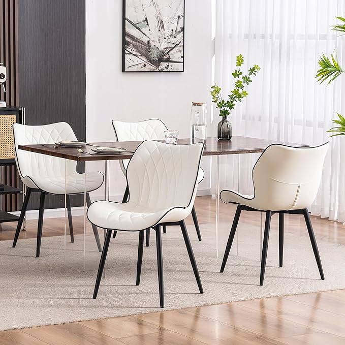 Kidol & Shellder White Dining Chairs Set of 2 Modern Kitchen Chairs with Back Armless Accent Chairs for Living Room Upholstered Faux Leather Chair Mid Century Comfy Side Chair with Metal Legs
