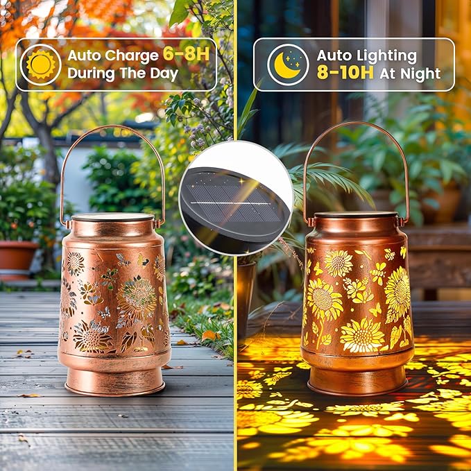 Homemory Solar Lanterns Sunflower Lights Outdoor Waterproof Garden Decor Women Gifts for Birthday, LED Hanging Solar Lights Metal Lantern Decoration Outside for Yard, Patio, Backyard, Porch, Lawn