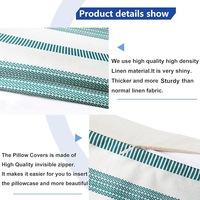 Decorative Throw Pillow Covers Set of 2 Teal Blue Boho Striped Pillow Covers 16x16 Inch Throw Pillow Cover Linen Pillowcase Farmhouse Outdoor Pillow Covers for Couch Sofa Bed Living Room