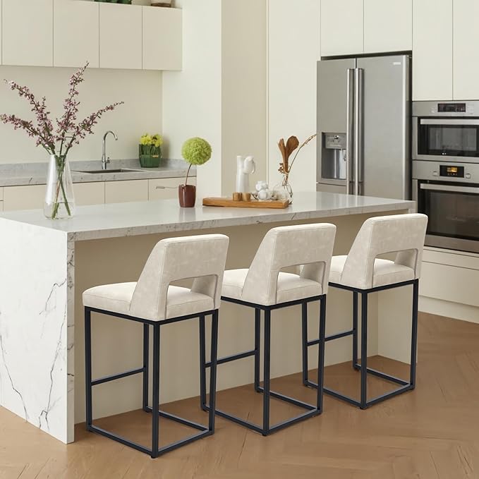 Counter Height Bar Stools Set of 2 for Kitchen Counter Modern Bar Chairs with Backs for Kitchen Island with Upholstered Faux Leather Seat and Metal Frame, Beige, 26 Inch