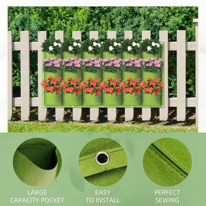 18 Pockets Hanging Grow Bags, 2 Pack Horizontal Wall Planter Plant Grow Bags Outdoor Indoor Hanging Planter for Balcony/Railing/Fence/Yard/Garden/Home Decoration, Green