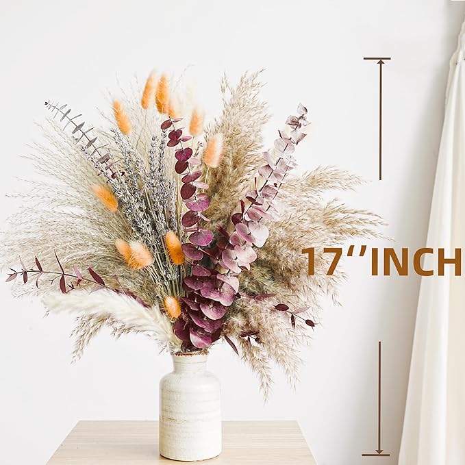 Fall Dried Flower Bouquet with Pampas Grass, Orange Bunny Tails, Lavender & Red Eucalyptus –Boho Fall Decor for Home, Vase, Porch & thanksgiving –Autumn Floral Arrangements for Fall Decorations Indoor