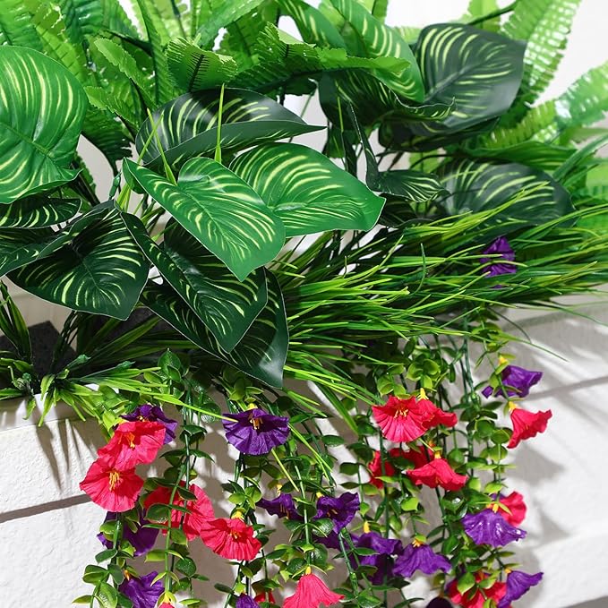 12 Pcs Artificial Greenery for Outdoor UV Resistant Fake Flowers and Greeneries Plastic Hanging Plants for Window Box Spring Summer Garden Patio Porch Yard Decoration(Bright Color)