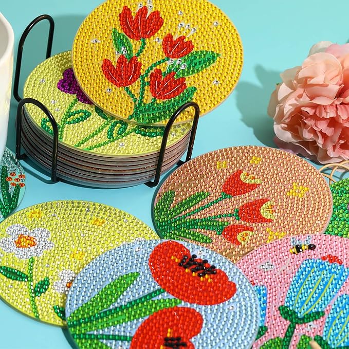 8 PCS Simple Floral Diamond Art Coasters Kits, Diamond Painting Coasters with Holder Set of 8, DIY Drink Coasters Art Crafts Supplies for Adults Cup Mat for Home Decor House Warming Gifts 3.9inch