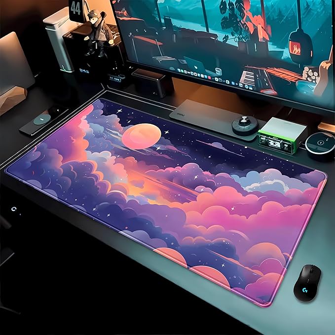 Cute Pink Purple Space Clouds Desk Mat Anime Gaming Mouse Pad Pastel Sky Desk Pad XXL Large Extended Mousepad 31.5x15.75 in, Cool Laptop Computer Keyboard and Mouse Mat for Women Office Decor