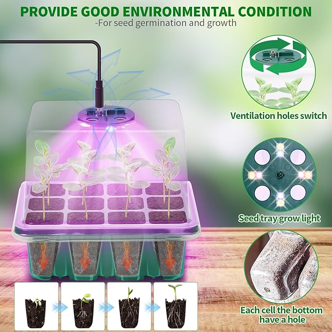 Seed Starter Tray with Plant Light, 2 Pack Grow Lights for Seed Starting Kit with Humidity Domes, Timing Controller Adjustable Brightness for Greenhouse Propagator Station Planting Growing