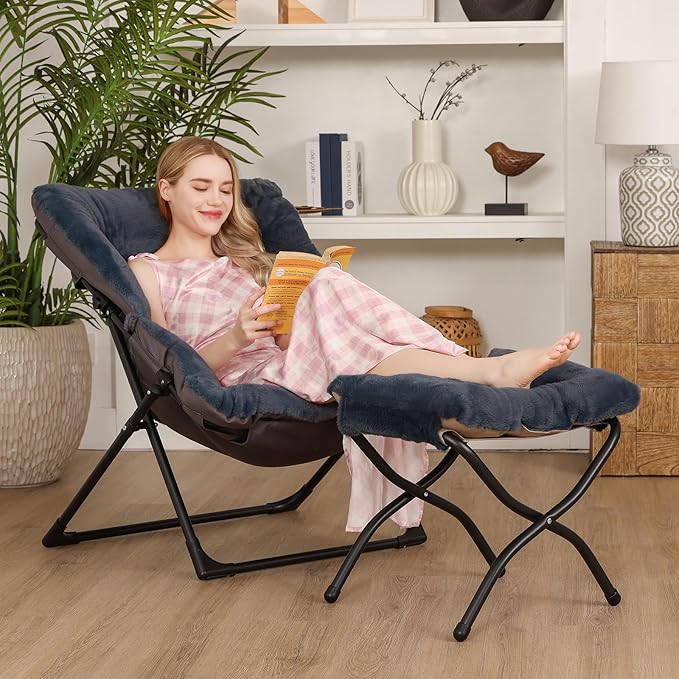 Comfy Saucer Chair for Adults, Soft Faux Fur Bedroom Chair with Ottoman, Accent Dorm Chairs, Living Room Reading Chairs and Footstool, Folding Lounge Seat for Teens, X-Large, Navy Blue