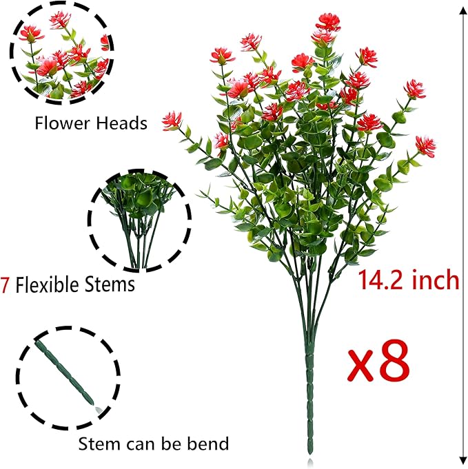 SITUMEIZI 8 Bundles Red Artificial Flowers Outdoor Fake Flower Plastic UV Resistant Shrubs Greenery Plants Hanging Decorations Garden Porch Window Box Farmhouse Outside Summer Indoor Decor