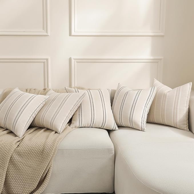 Hckot Throw Pillow Covers 16x16 Set of 2 Striped Pillow Covers Textured Linen Decorative Pillows Square Cushion Covers for Sofa Couch Bed Living Room Farmhouse Decor, Black