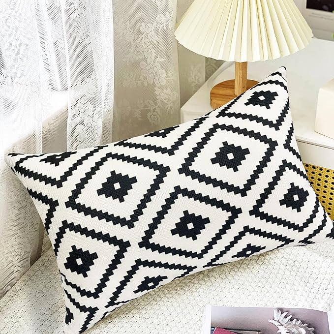 Decorative Throw Pillow Covers Set of 4 Black White Pillow Covers 12x20 inch Throw Pillow Cases Linen Square Pillow Case,Farmhouse Outdoor Geometric Pillow Covers for Couch Sofa Living Room