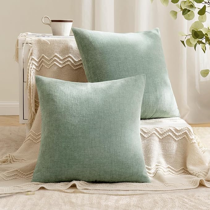 MIULEE Greyish Green Couch Pillow Covers 20x20 Inch, Set of 2 Soft Chenille Decorative Square Throw Pillow Covers Summer Farmhouse for Sofa Living Room Bed