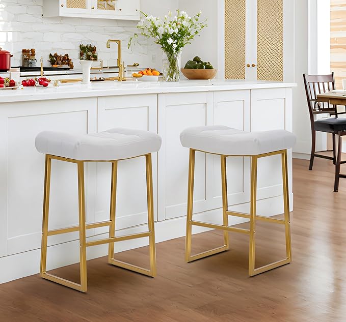 White & Gold Counter Height Bar Stools Set of 2 for Kitchen Counter Modern Backless Barstools with Upholstered Faux Leather Seat and Metal Frame Industrial 24 inch Bar Chairs