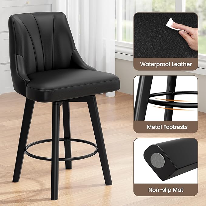 Counter Height Swivel Bar Stool, 24" Upholstered PU Leather Barstools Set of 2, Counter Stool Chairs with Back & Solid Wood Legs for Kitchen Island Dining Room (Black)