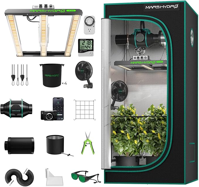 MARS HYDRO 3x3 Smart Grow Tent Kit Complete System,150W FC1500 Samsung LM301H Grow Light,App Dimming Control,1680D High Reflective Mylar,with Smart WiFi App Control Ventilation System,10 Speed Fan