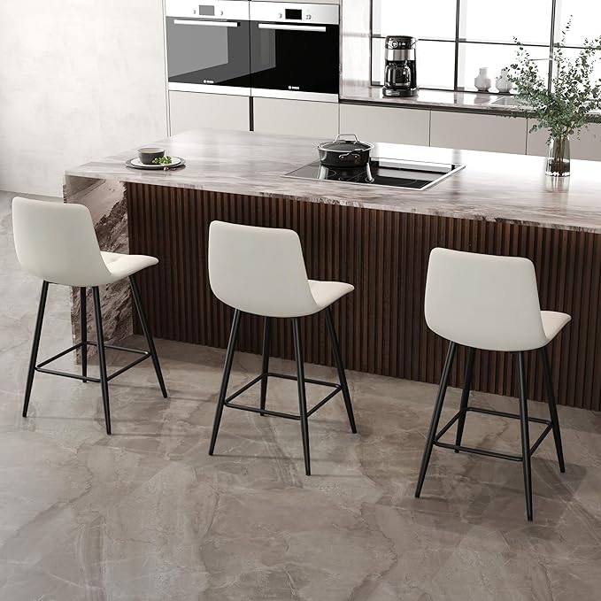 Bar Stools Set of 2,White Faux Leather Counter Height Bar Stools,24.6" Bar Chairs with Back Metal Footrest,Modern Counter Stool with Back and Footrest for Kitchen Island Restaurants Pubs