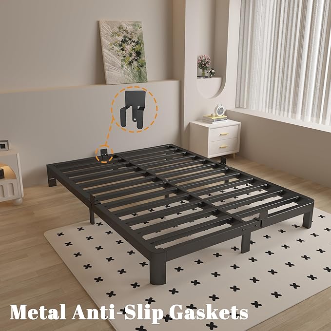 Queen Bed Frame 6 Inch Black, Metal Bed Frame Queen Size with Gaskets, No Box Spring Need, Heavy Duty Steel Platform Support, Round Corner Design, Reserved Holes, Noiseless, Easy Assembly