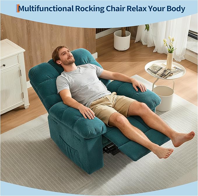 Oversized Rocker Recliner Chair for Adult, Ergonomic Nursery 150° Recliner Chair with Footrest,Extra Wide Manual Recliners,Upholstery Overstuffed Soft Rocking Sofa Chair,Blue