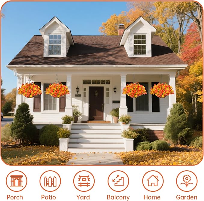 Artificial Hanging Faux Flowers Basket, Fake Silk Petunias Plants Arrangement,for Summer Fall Outdoor Decoration,UV Resistant, Morning Glorias,for Home Garden Decor (Orange&Yellow)