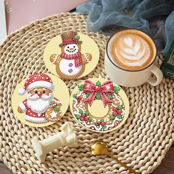 eniref 8 Pcs Christmas Diamond Art Coasters Kits with Holder, Gingerbread Snowman 5D DIY Diamond Pinting Coasters Acrylic Round Cup Coaster with Cork Pads for Tabletop Protection 10×10 CM