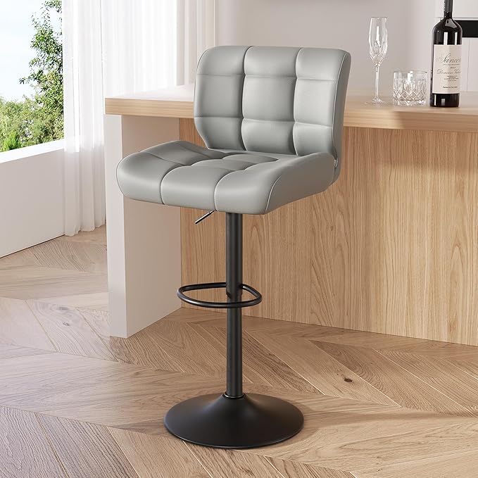 Modern Bar Stools, Faux Leather Upholstered Swivel Bar Stools, Adjustable Counter Height Bar Chairs with High Back and Footrest for Kitchen Island (Light Grey)