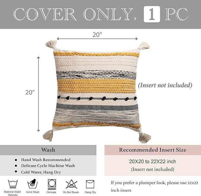 BlissBlush Fall Yellow Mustard Decorative Throw Pillow Cover 20x20 Square Boho Accent Pillowcase Tassels Farmhouse Cushion for Couch Sofa Bedroom Living Room Home Décor Cover ONLY