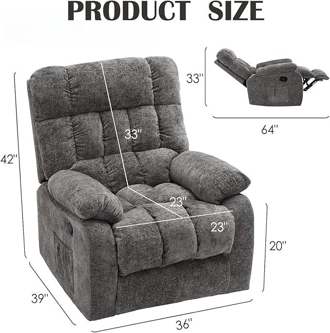 Oversized Recliner Chair, Adjustable Recliner with Side Pockets, Living Room Reclining Lounge Chair for Adults, Small Spaces Comfy Sofa with Theater Seating for Bedroom, Gray