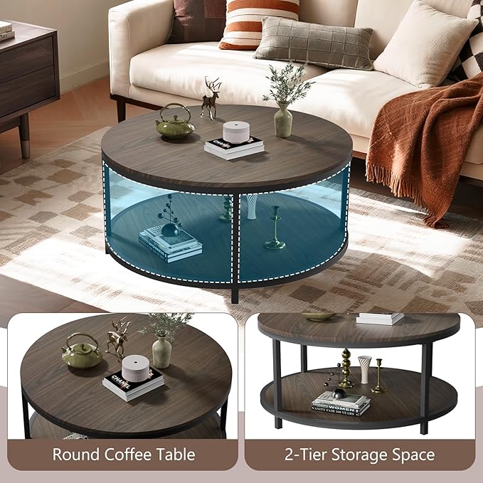 NSdirect 36 inches Round Coffee Table, Rustic Wooden Surface Top & Sturdy Metal Legs Industrial Sofa Table for Living Room Modern Design Home Furniture with Storage Open Shelf (Black Walnut, 36 in)