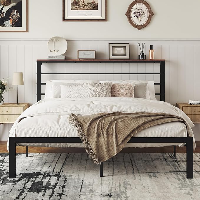 MUTICOR Queen Size Metal Platform Bed Frame with Shelf Headboard, No Box Spring Needed, Easy Assembly, Brown Shelf