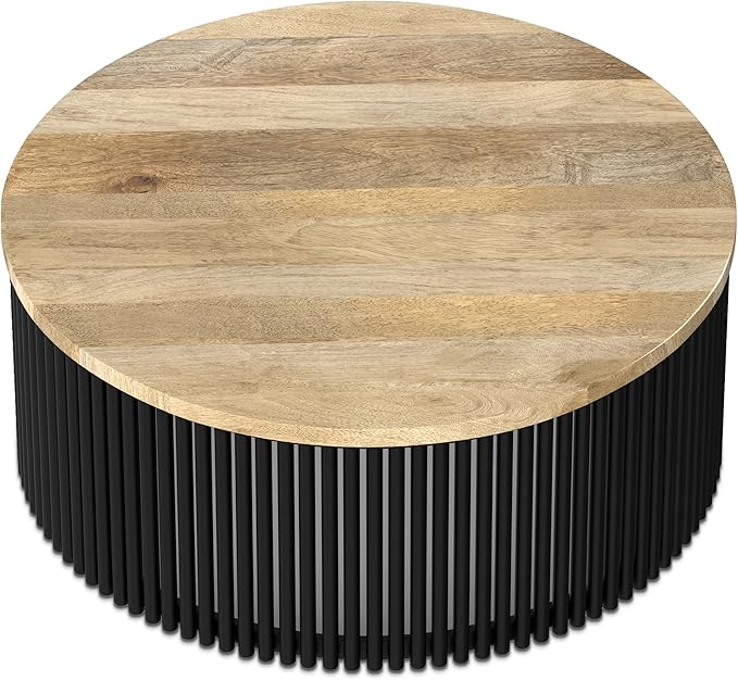 SIMPLIHOME Demy Coffee Table - 35 inch Wide Industrial Contemporary Round Cocktail Table in Natural and Black, Sculptural Living Room Table with Wood Veneer Top and Powder Coated Metal Base, Assembled