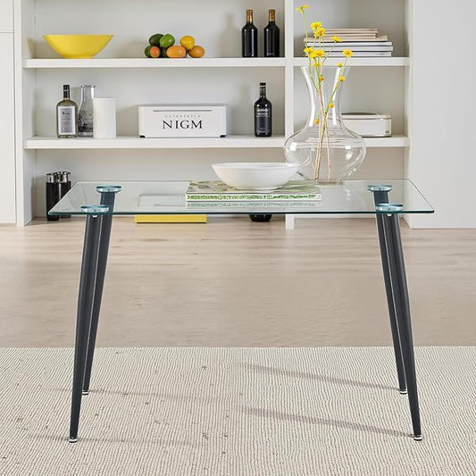 Dining Table for 6 Kitchen Table 47.2" Rectangular Modern Glass Dining Table Kitchen & Dining Room Tables with Glass Tabletop and Metal Legs for Dining Room and Kitchen, Black